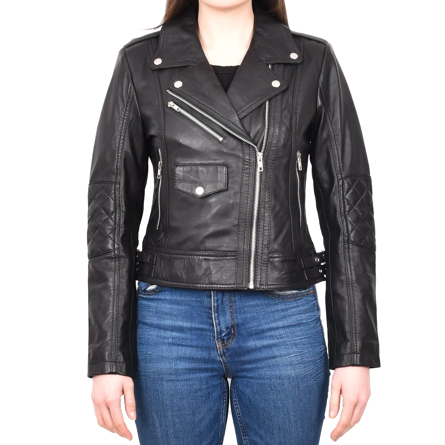 Women's Real Leather Biker Cross Zip Jacket Black Eclara