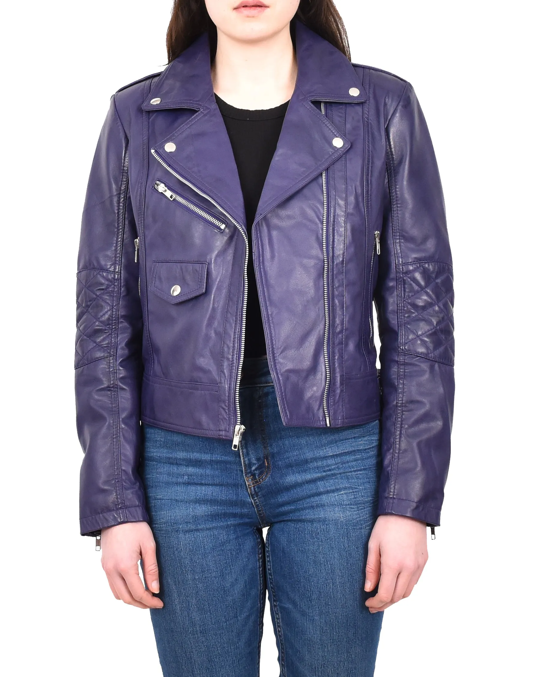 Women's Real Leather Biker Cross Zip Jacket Purple Eclara