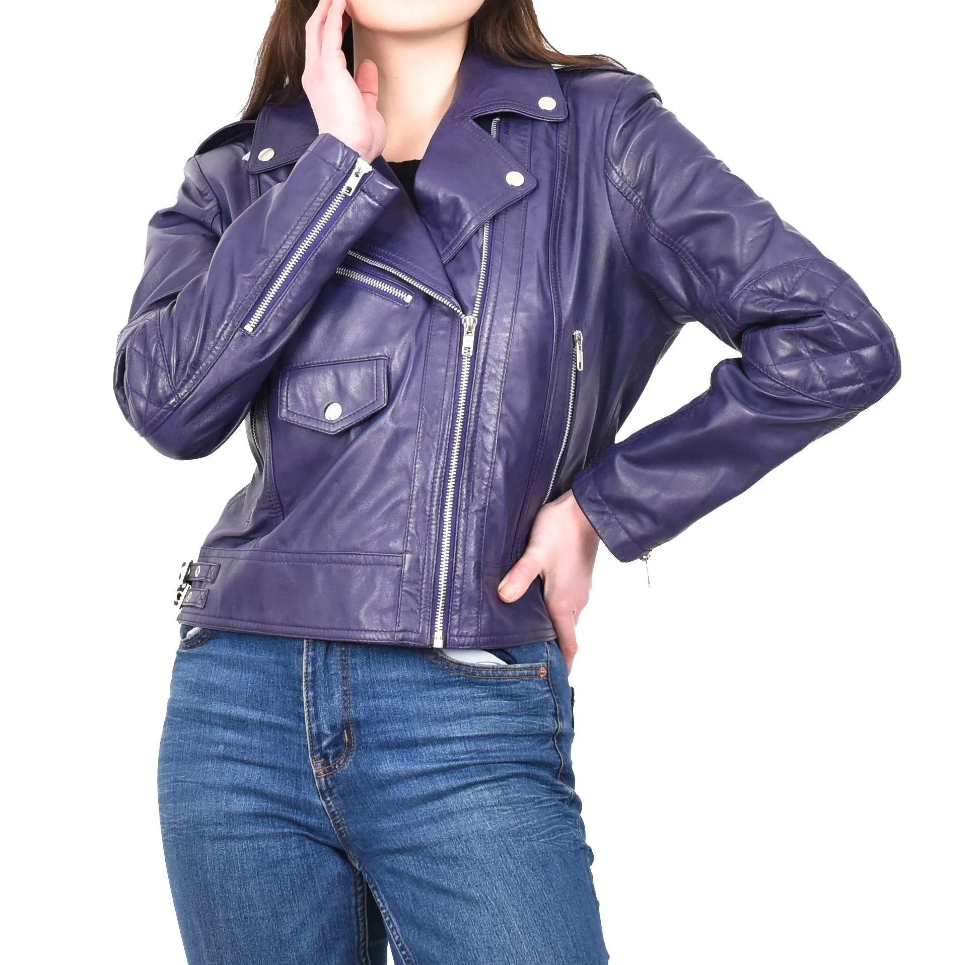 Women's Real Leather Biker Cross Zip Jacket Purple Eclara
