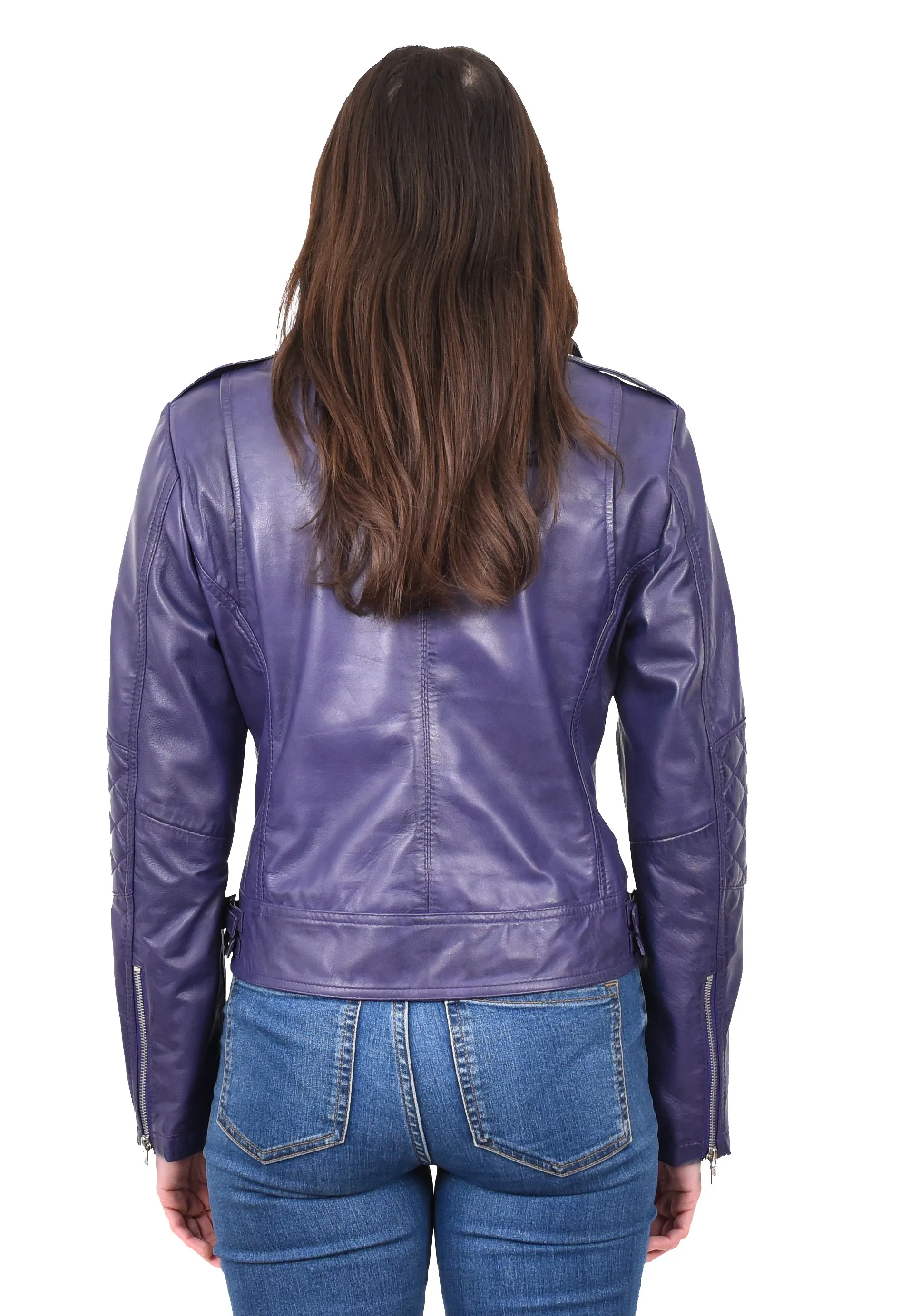 Women's Real Leather Biker Cross Zip Jacket Purple Eclara