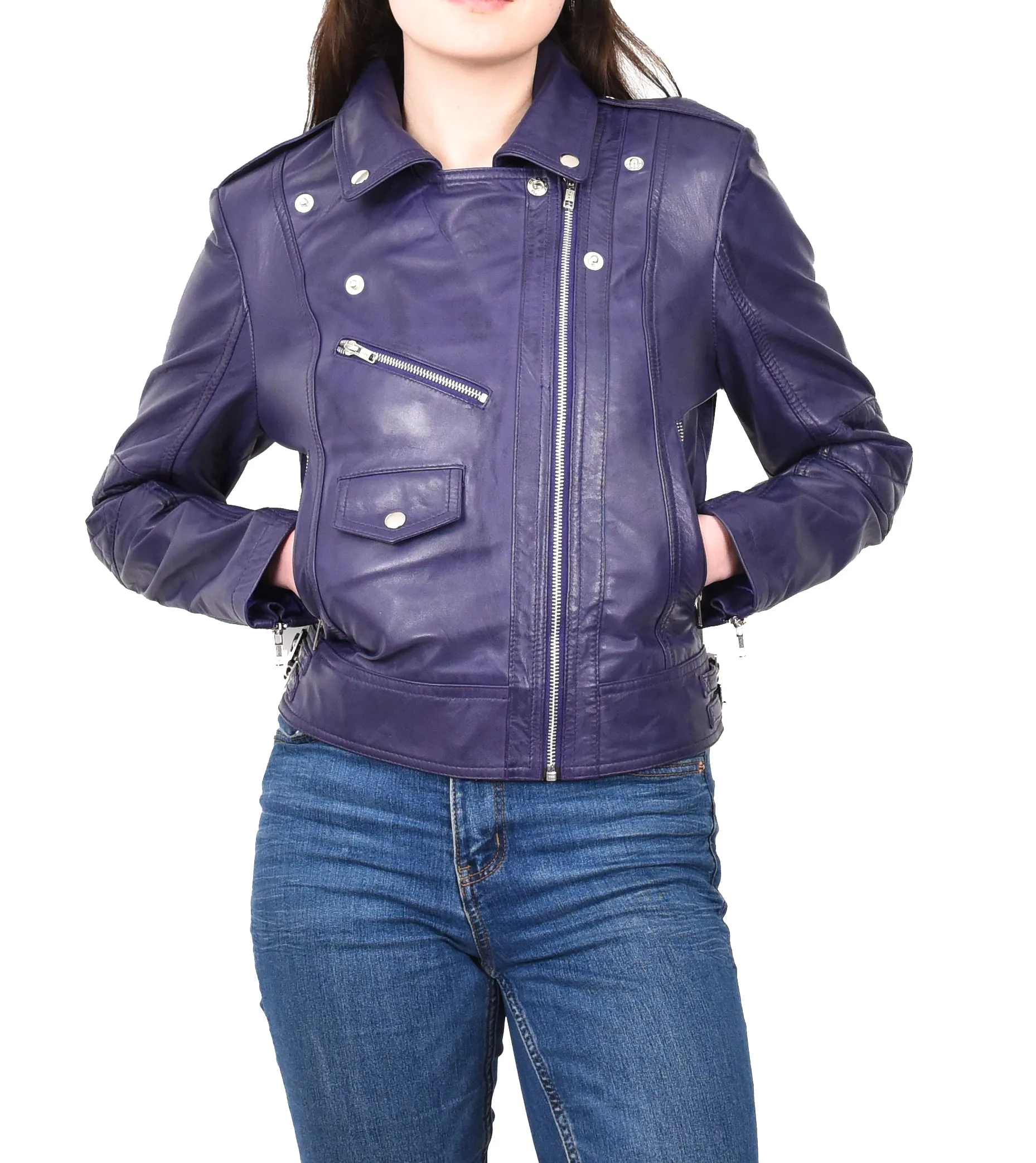 Women's Real Leather Biker Cross Zip Jacket Purple Eclara
