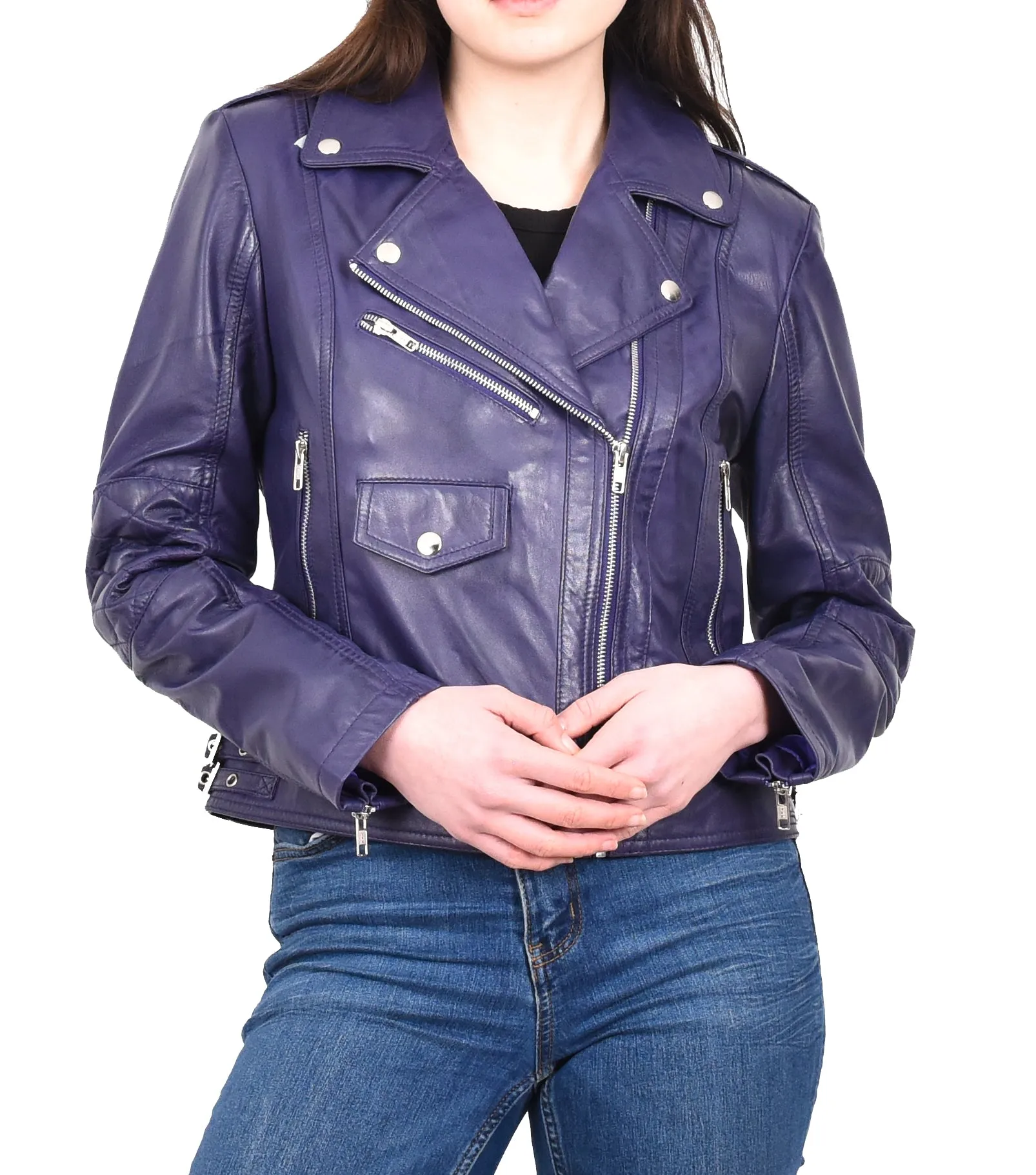Women's Real Leather Biker Cross Zip Jacket Purple Eclara