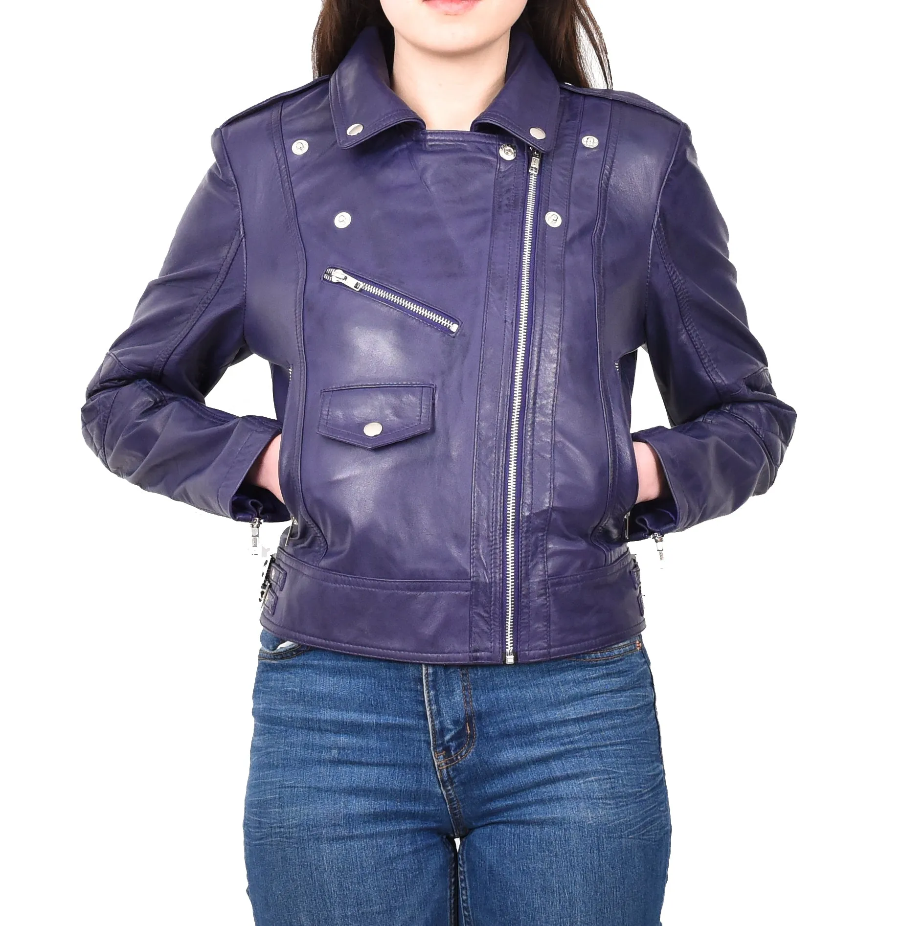 Women's Real Leather Biker Cross Zip Jacket Purple Eclara