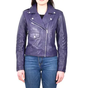 Women's Real Leather Biker Cross Zip Jacket Purple Eclara