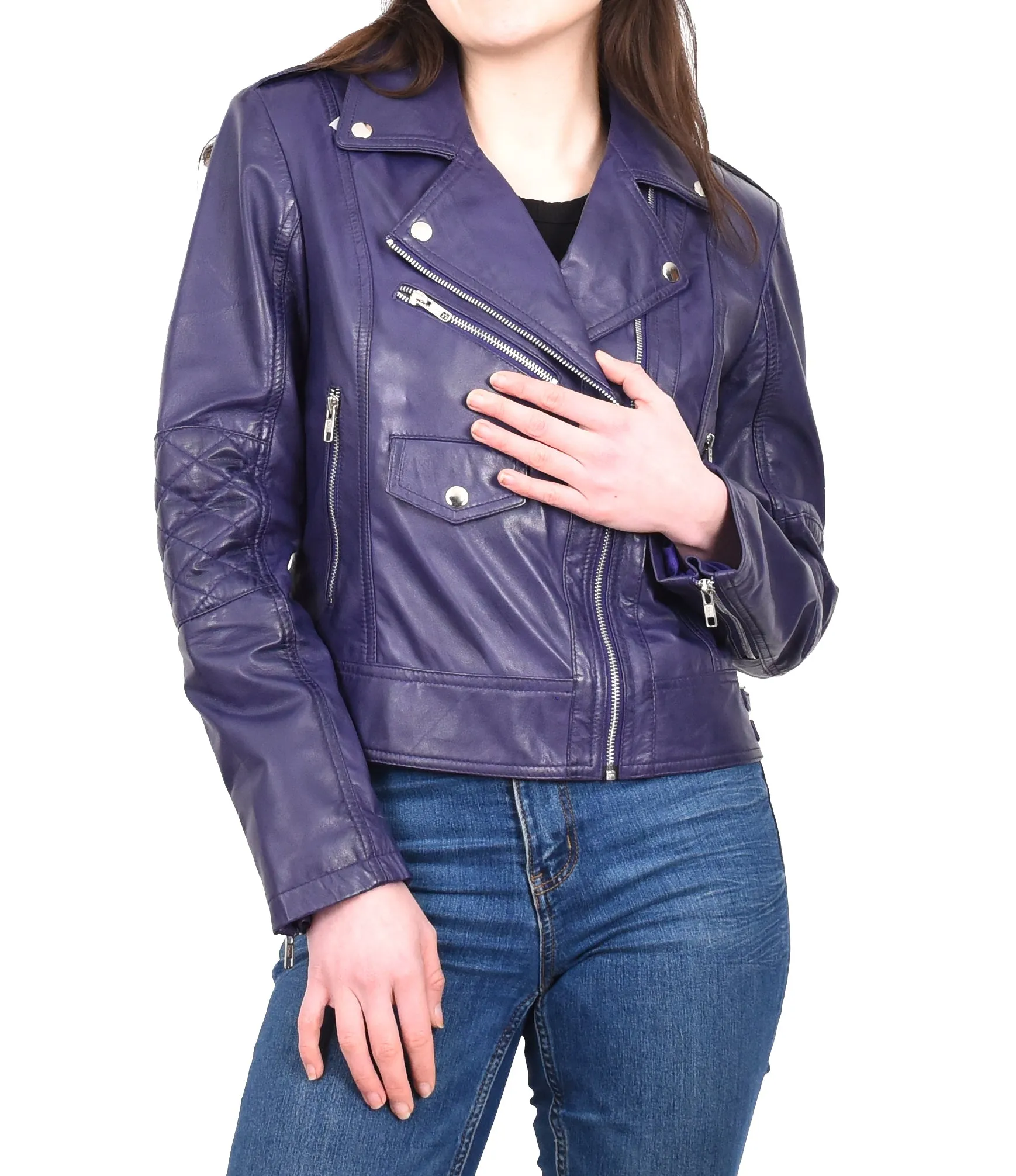Women's Real Leather Biker Cross Zip Jacket Purple Eclara