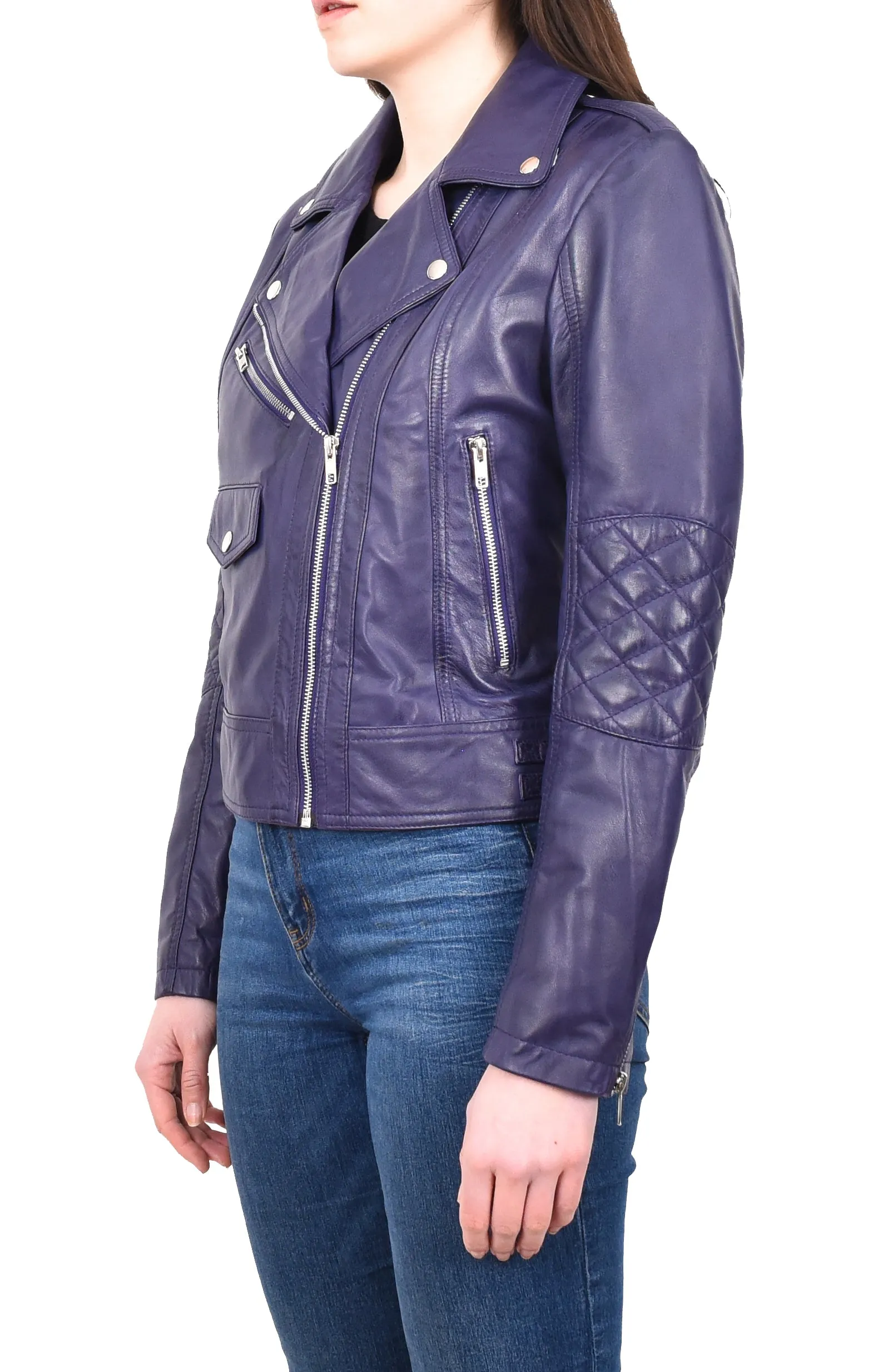 Women's Real Leather Biker Cross Zip Jacket Purple Eclara