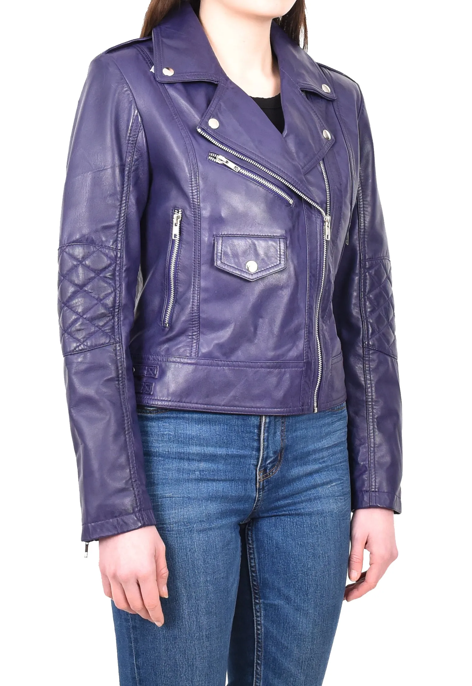 Women's Real Leather Biker Cross Zip Jacket Purple Eclara