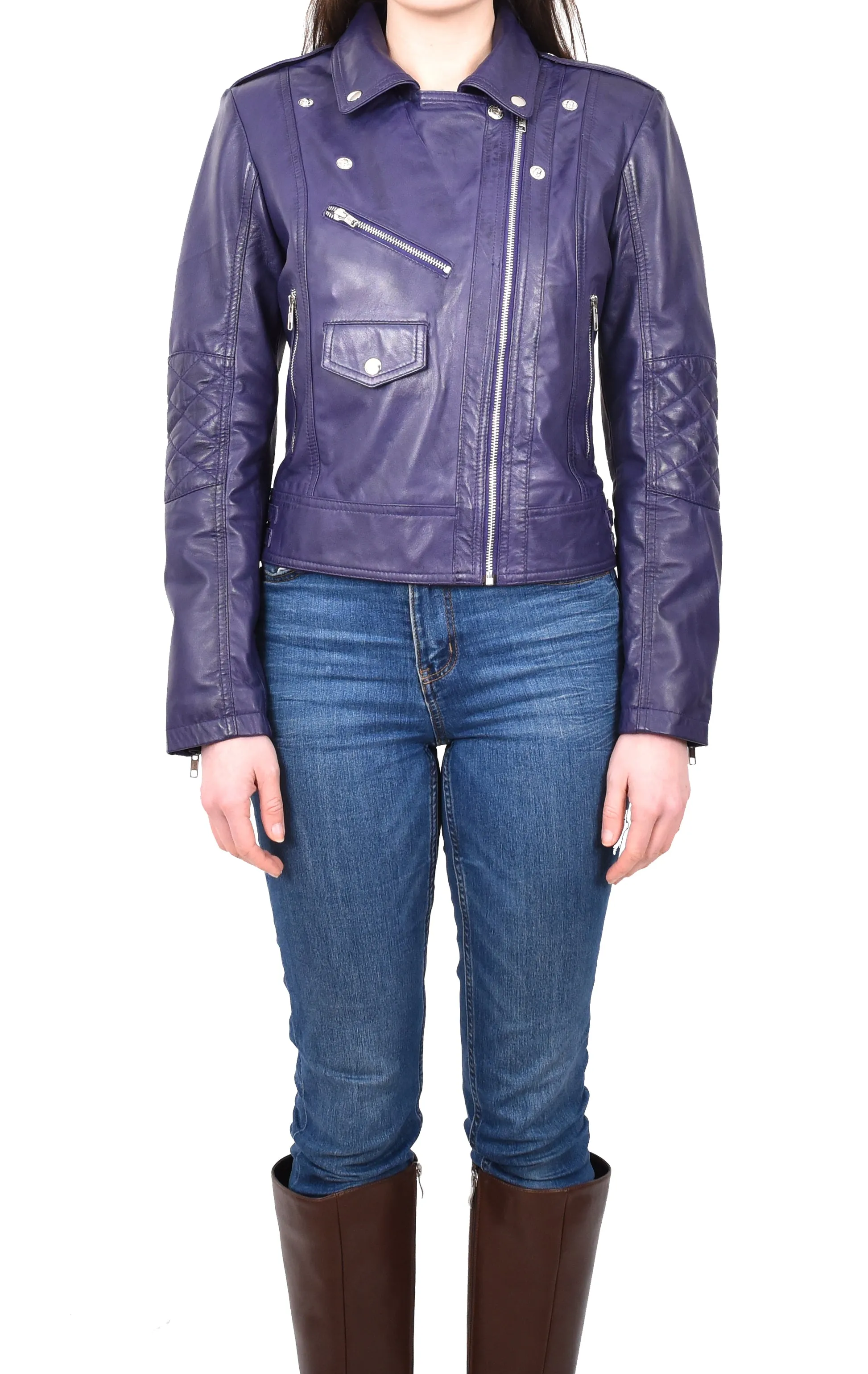Women's Real Leather Biker Cross Zip Jacket Purple Eclara