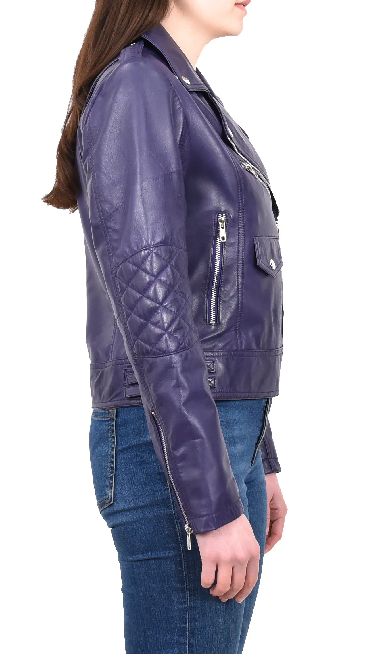 Women's Real Leather Biker Cross Zip Jacket Purple Eclara