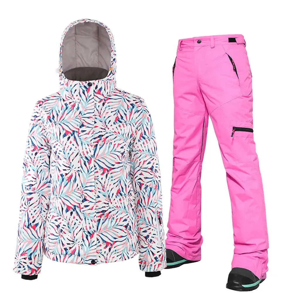 Women's Waterproof Colorful Printed Ski Jacket and Pants Set