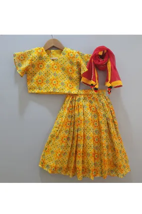 Yellow bandhani top and skirt with dupatta
