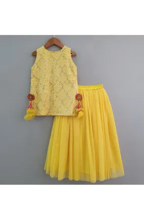 Yellow Chikankari Kurta With Net Skirt Set