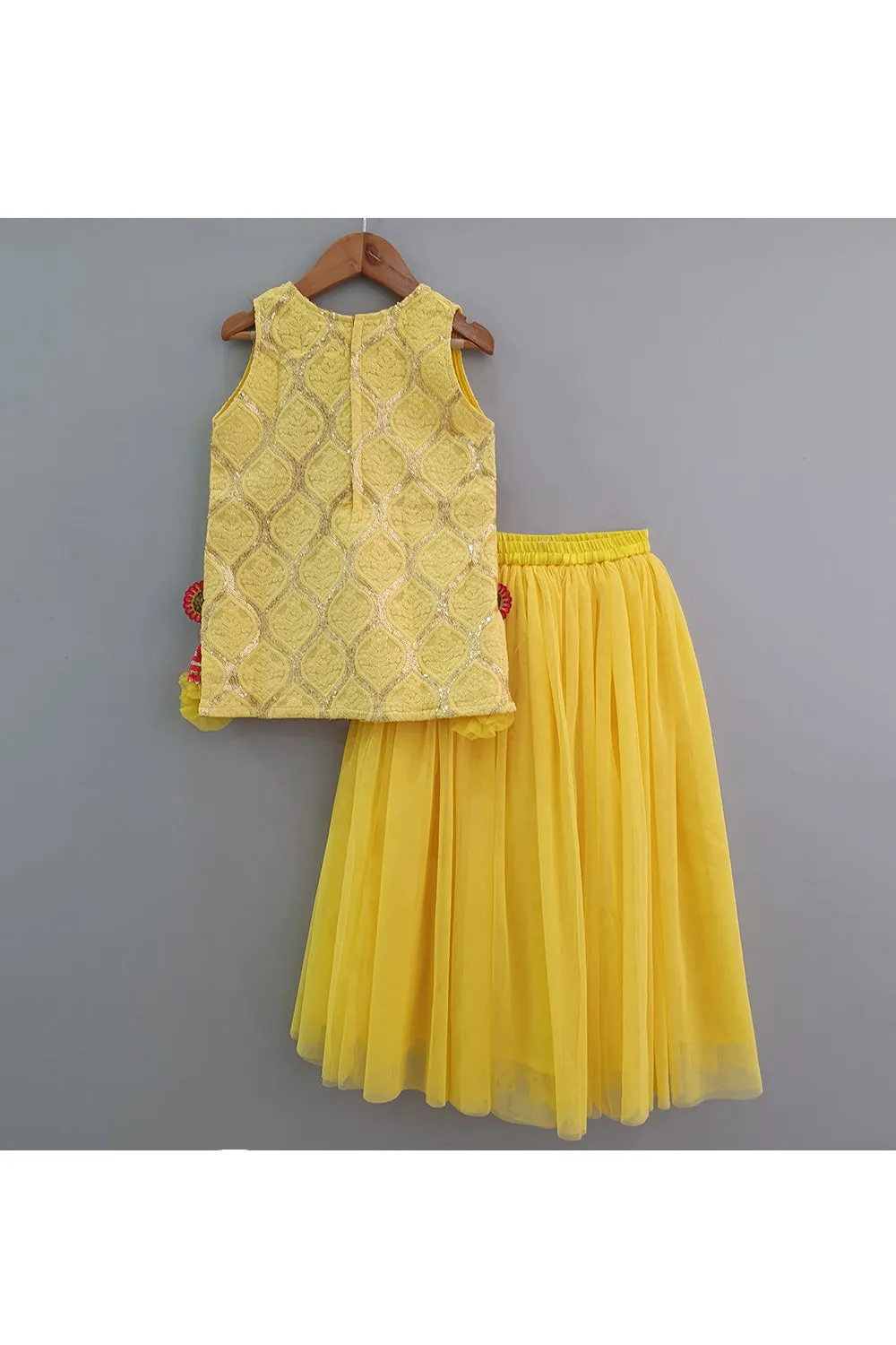 Yellow Chikankari Kurta With Net Skirt Set
