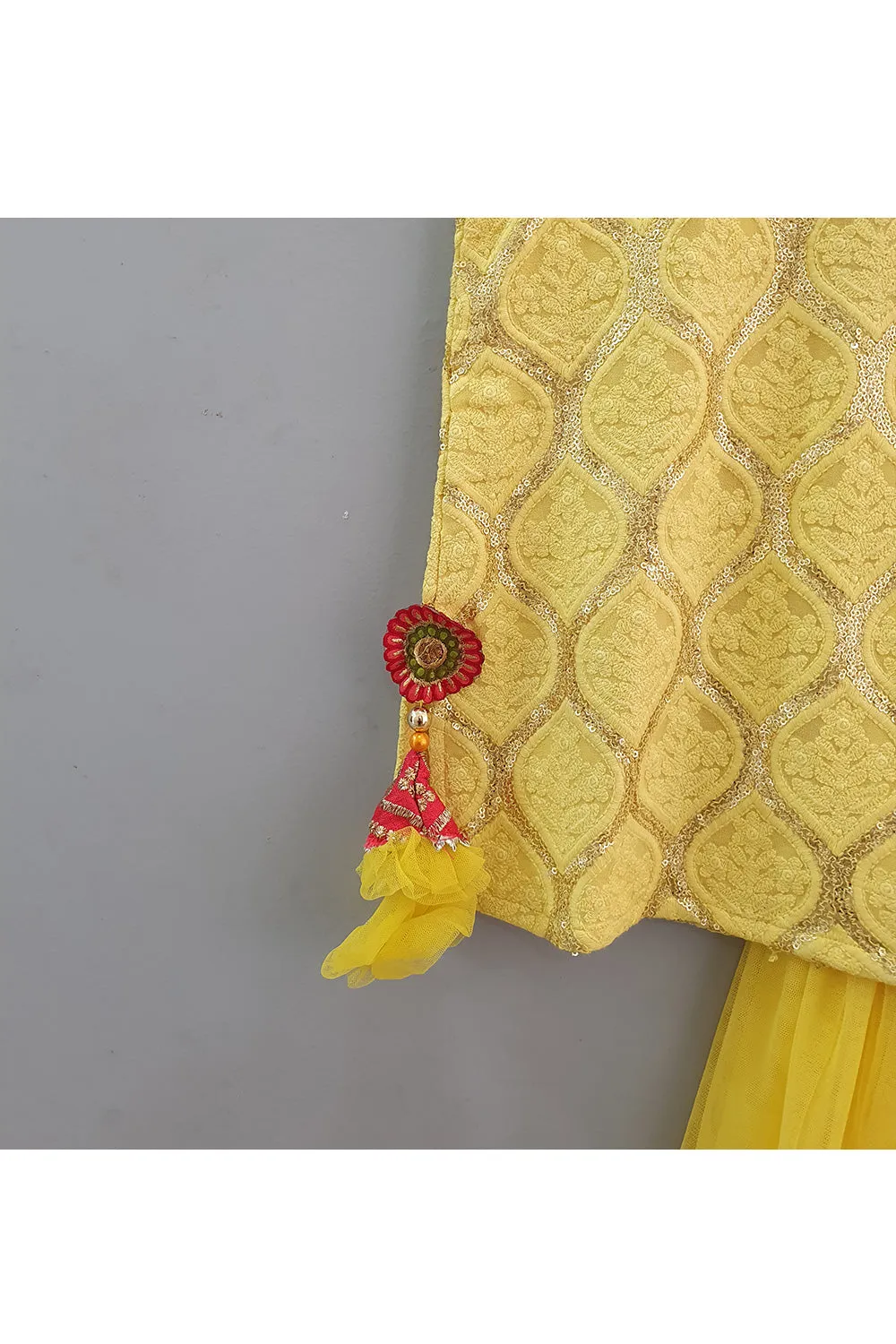 Yellow Chikankari Kurta With Net Skirt Set